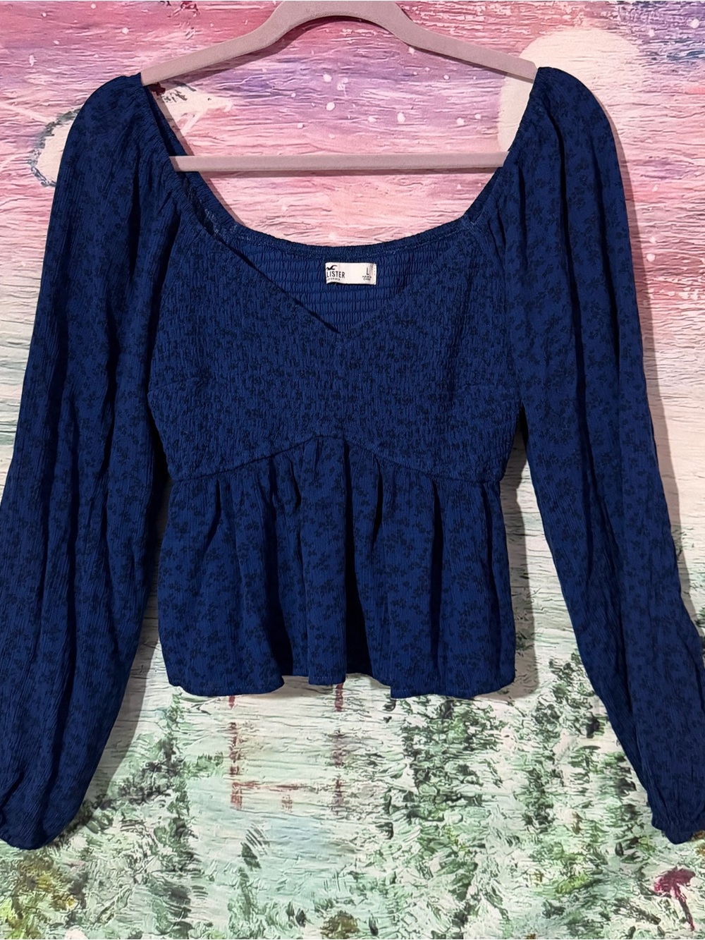 Hollister Navy Smocked Peplum Long-Sleeve Top